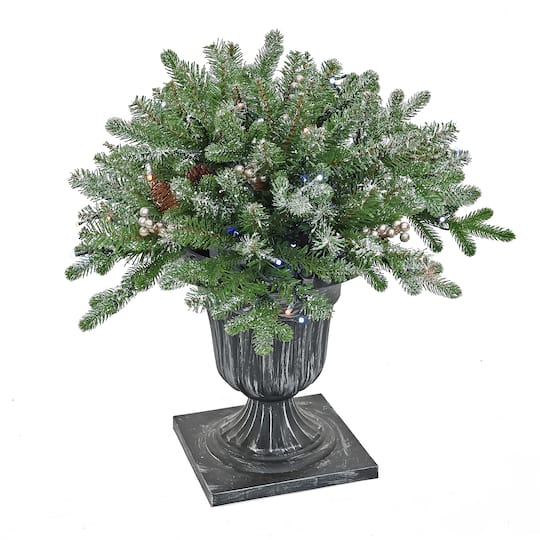 24&#x22; Feel Real&#xAE; Snowy Morgan Spruce Porch Bush in Silver Brushed Plastic Urn with Cones &#x26; Champagne Berries